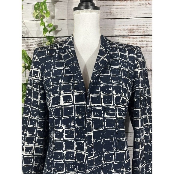 Louben Blazer Jacket size 8 Navy Blue Tan Squares Open Front Career Professional - Picture 6 of 11